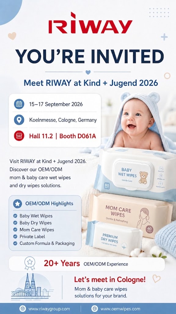 Riway at Kind + Jugend 2026 — OEM baby wipes, mom care wipes, and dry wipes invitation